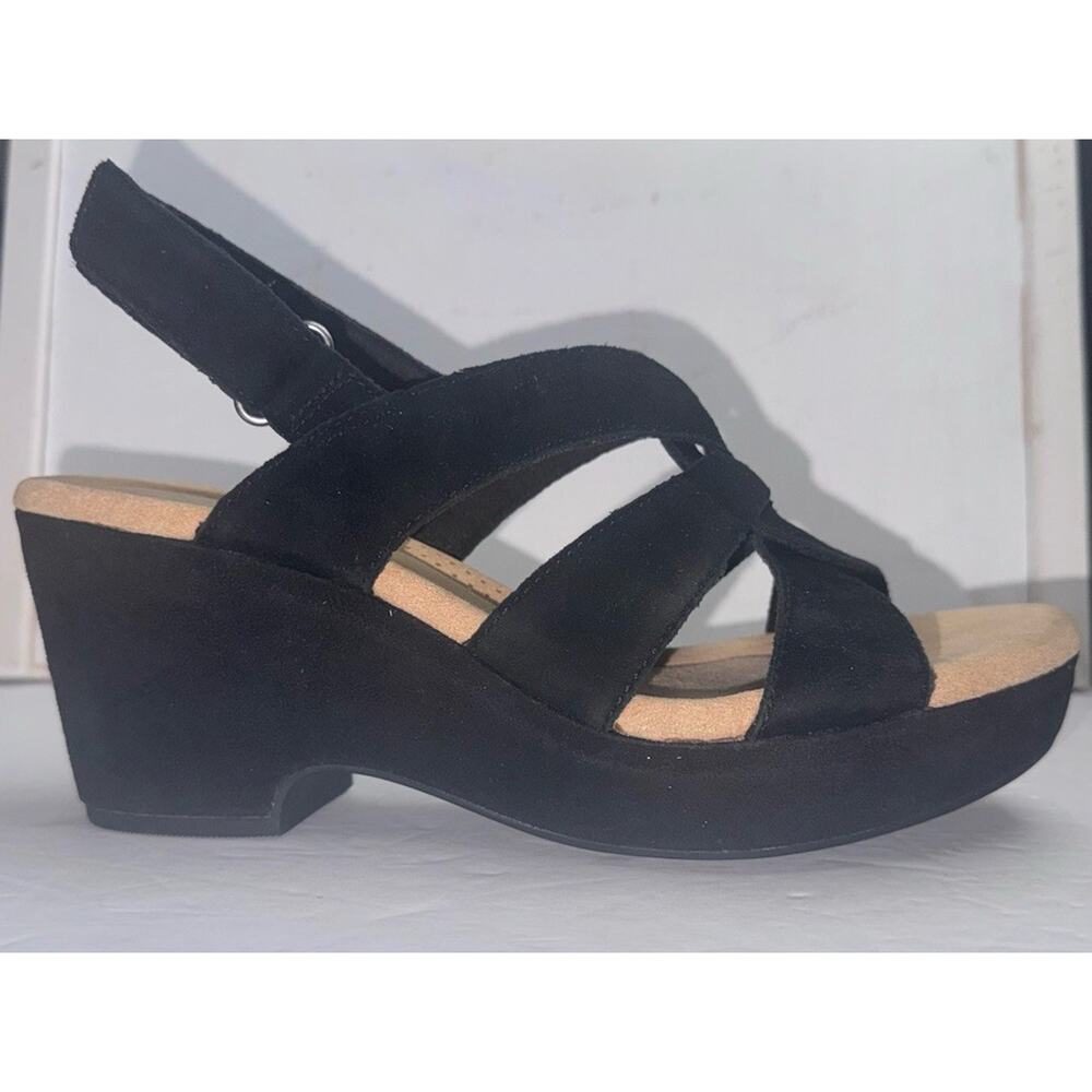 Clarks Wedge Sandals 9 Black Suede Strappy Open Toe Slingback Platform Heels NEW - Picture 4 of 7